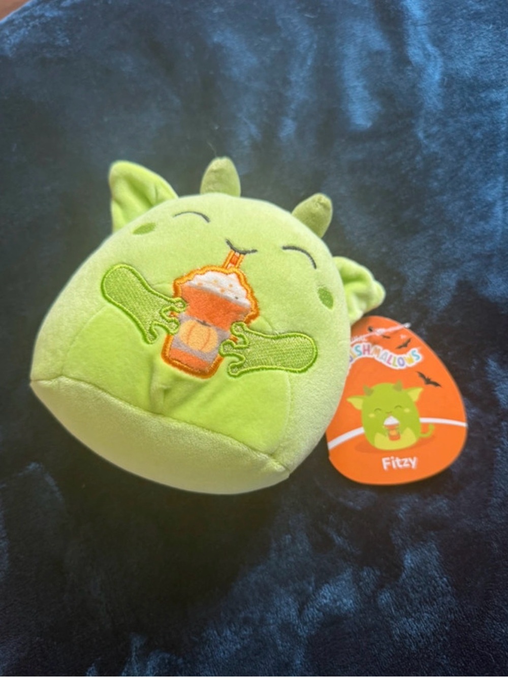 Squishmallows Green Fitzy Plush with Orange Drink Embroidery
